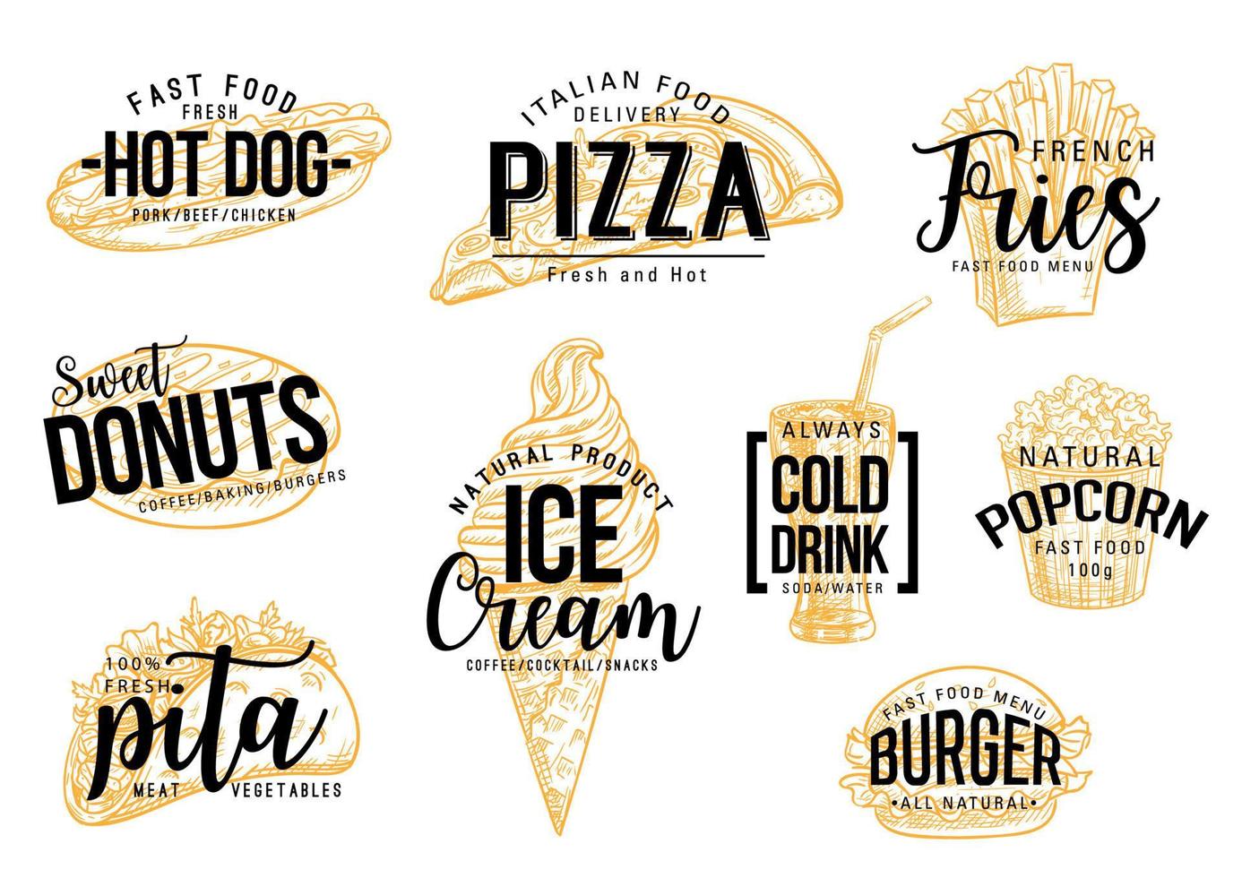 Fast food pizza and burgers vector lettering