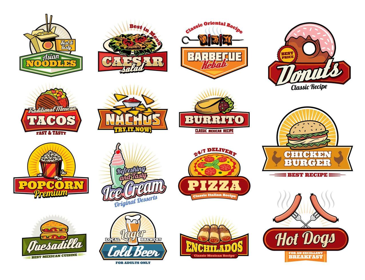 Mexican, Asian fast food snacks and meals icons vector