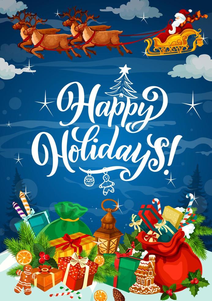 Happy winter holidays poster with gifts on snow vector