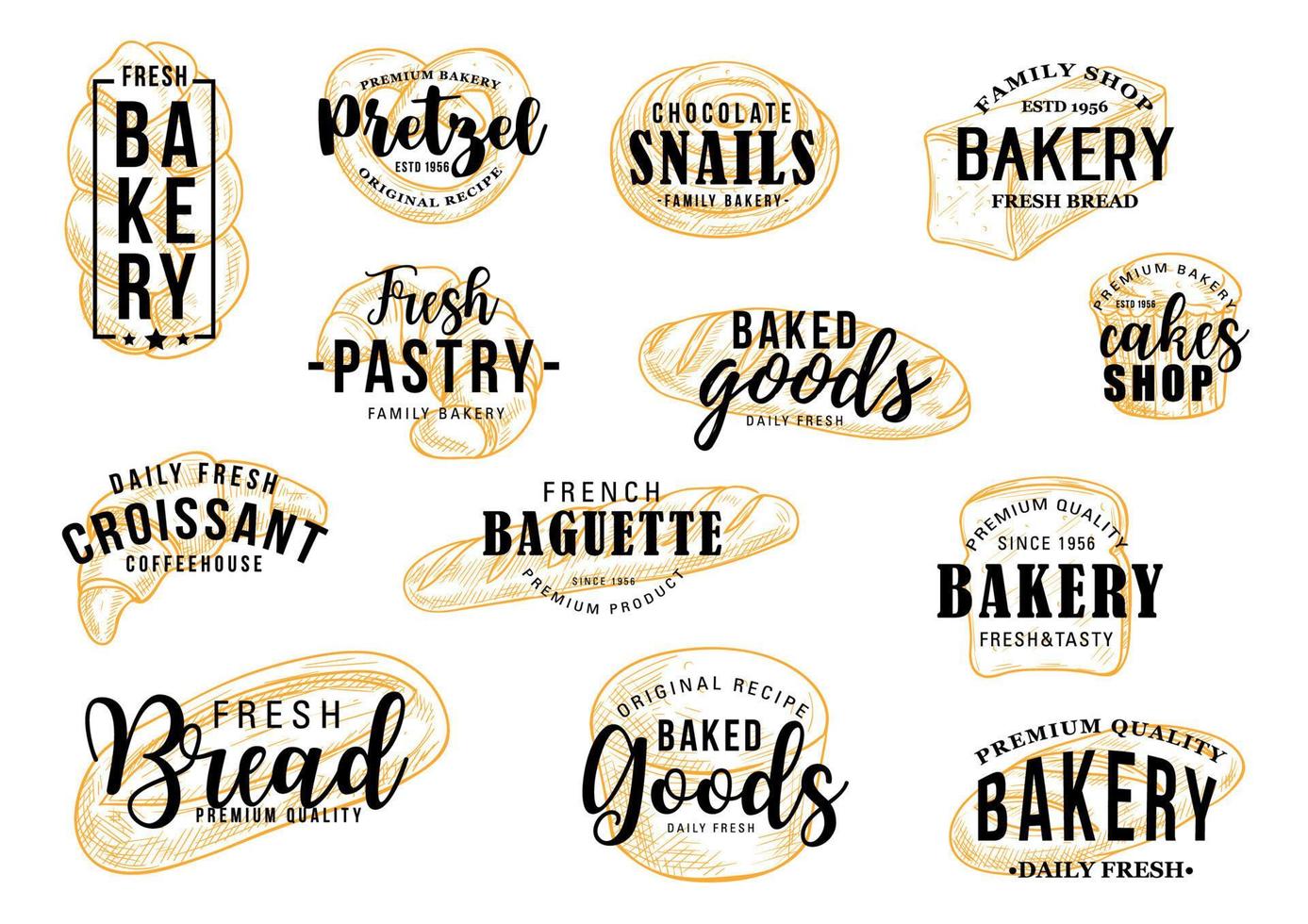 panadería, pan y pastelería letras de pastelería vector