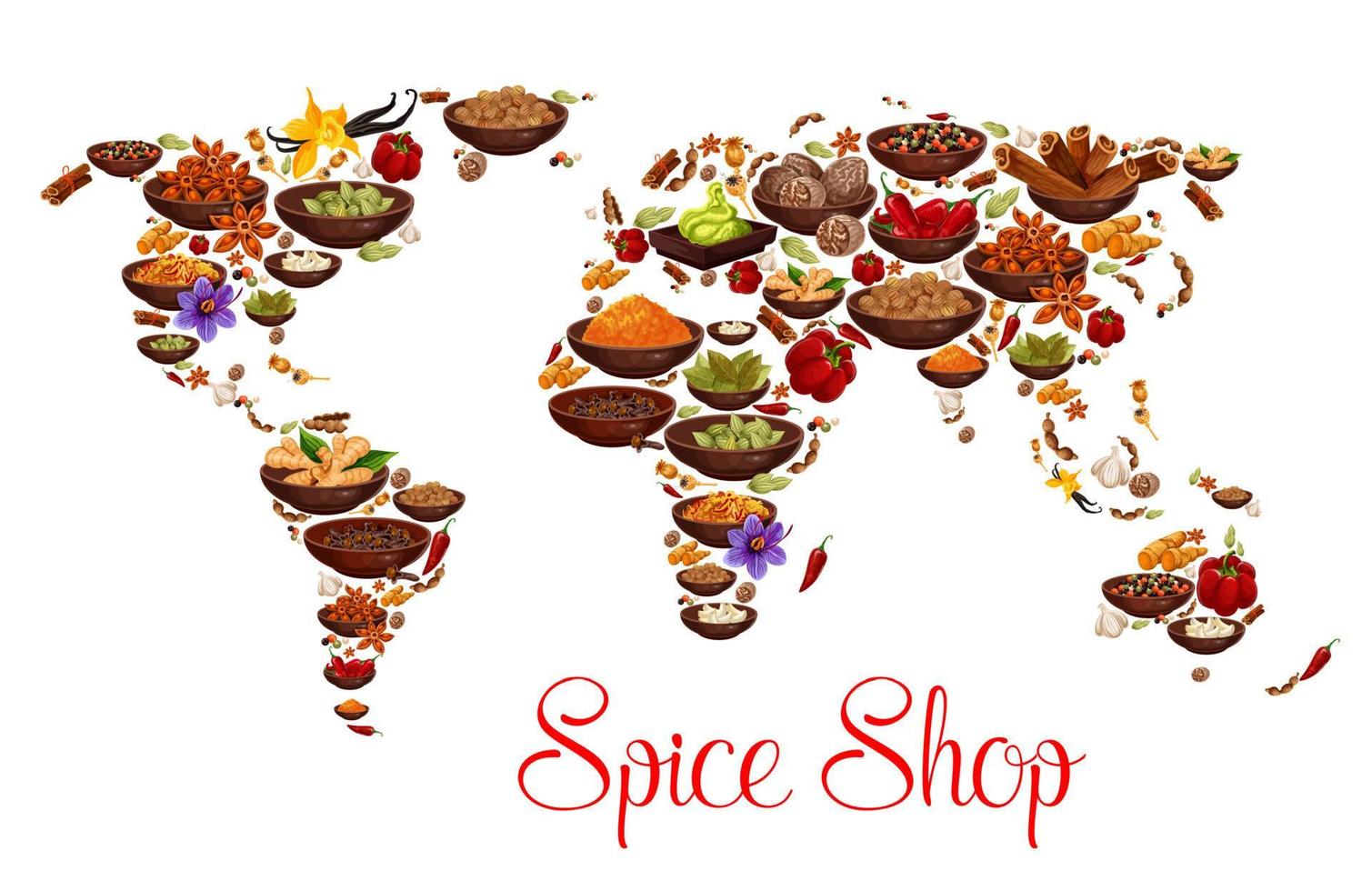 Spices and herbs on vector world map