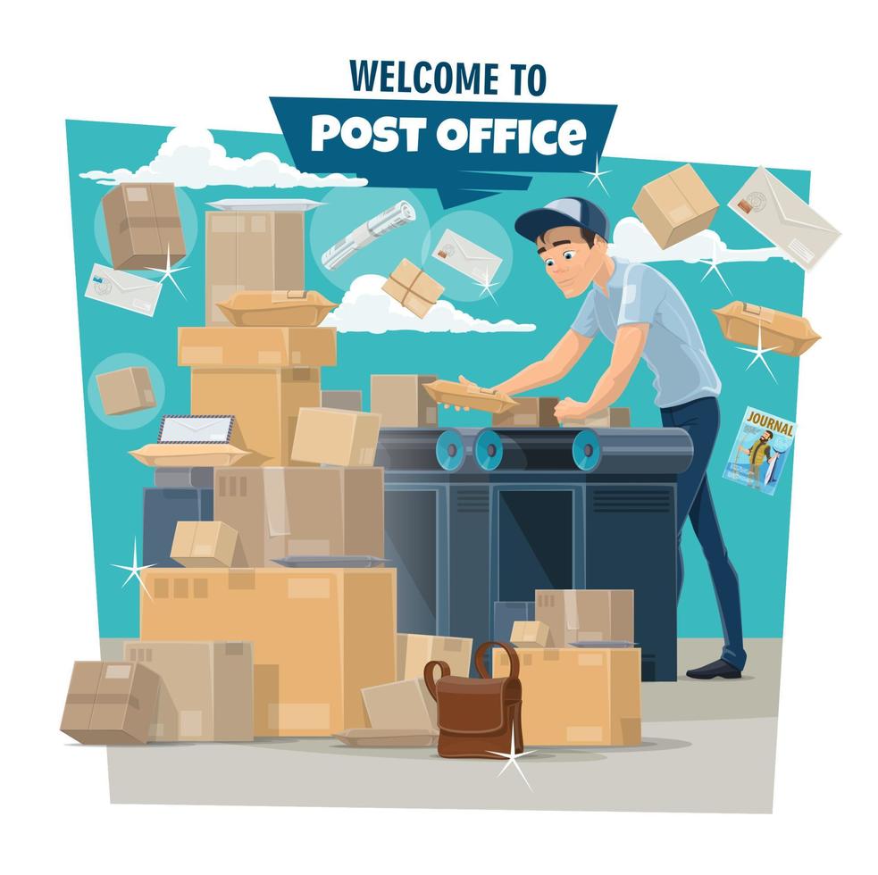 Postman sorting mail and parcels at post office vector