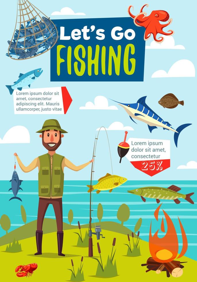 Fishing sport poster, fish and fisherman vector