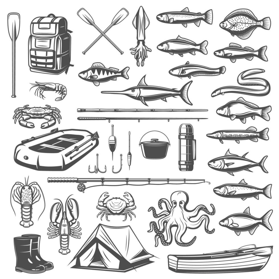 Fishing equipment, tackle and fish icons vector