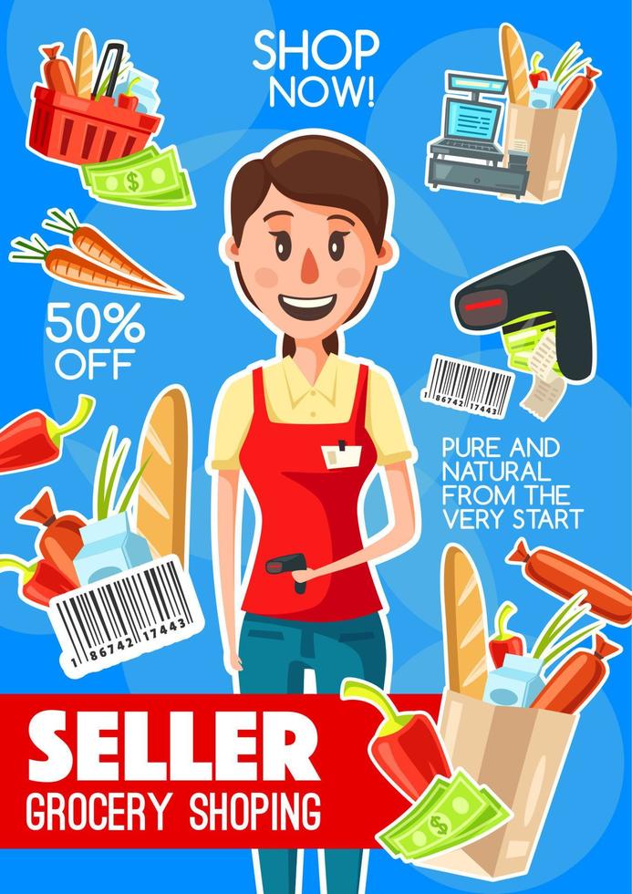 Supermarket cashier or seller profession poster vector