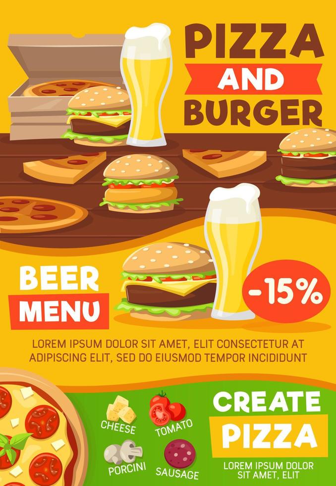 Fast food burger pizza and sandwich with beer vector