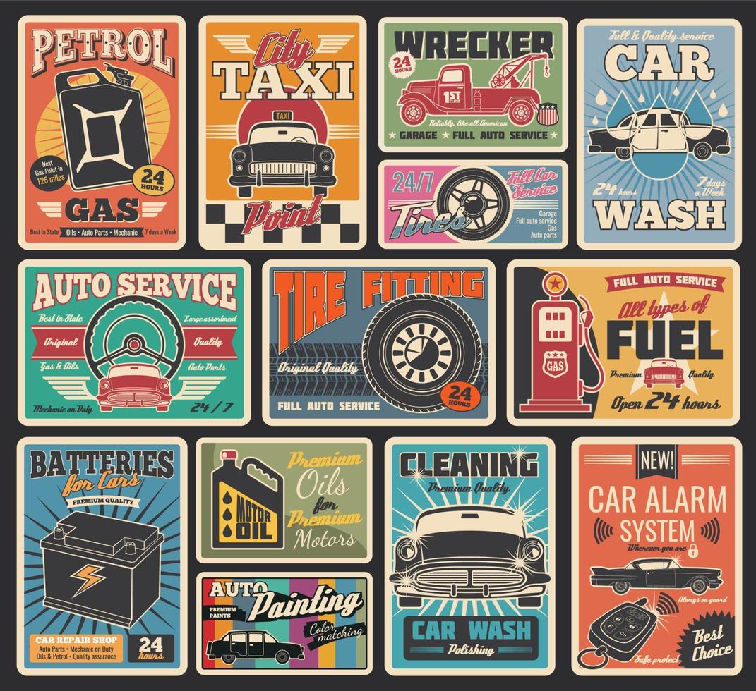 Car service and auto repair garage retro cards vector