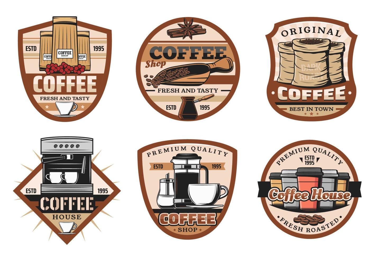Coffee icons with espresso cup and bean vector