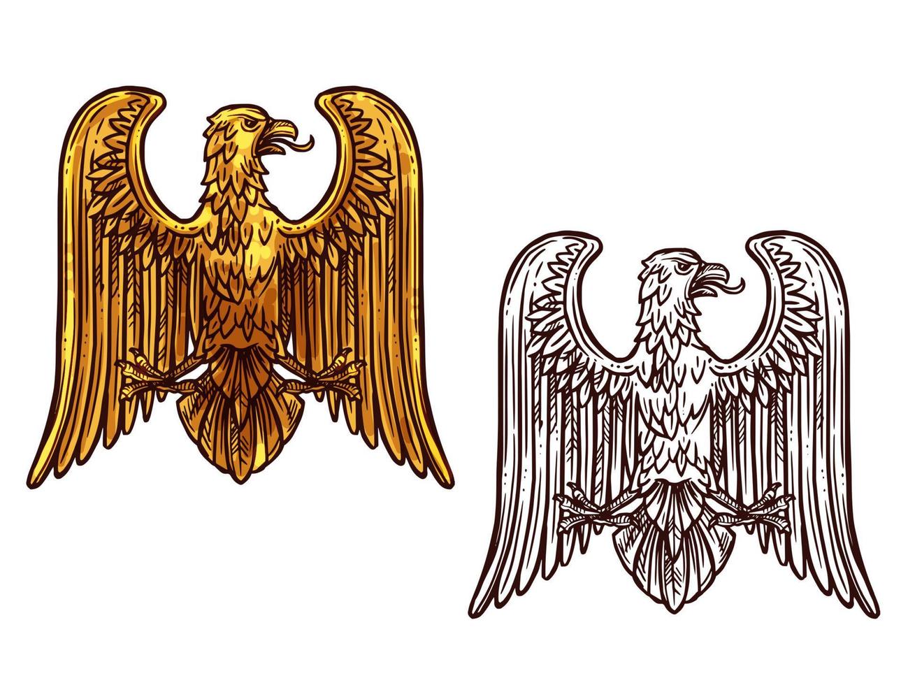 Eagle heraldic symbol. Sketch and gold bird vector