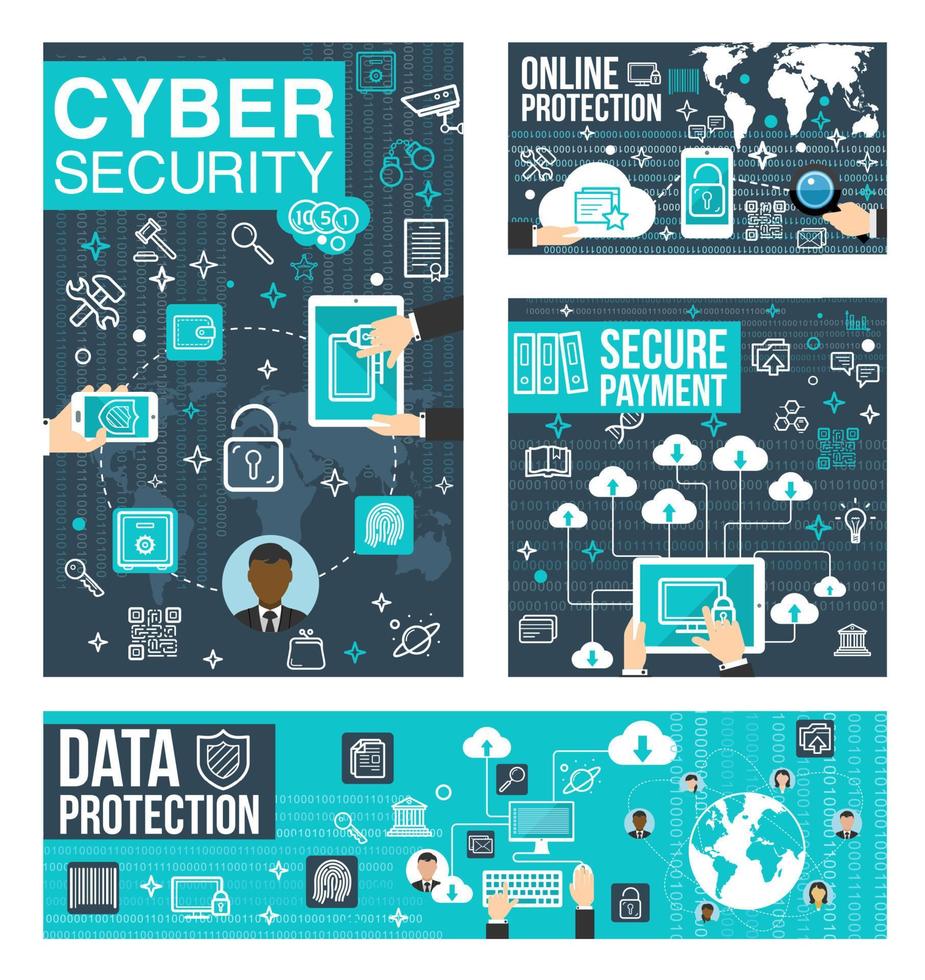 Cyber security and protection line art info poster vector