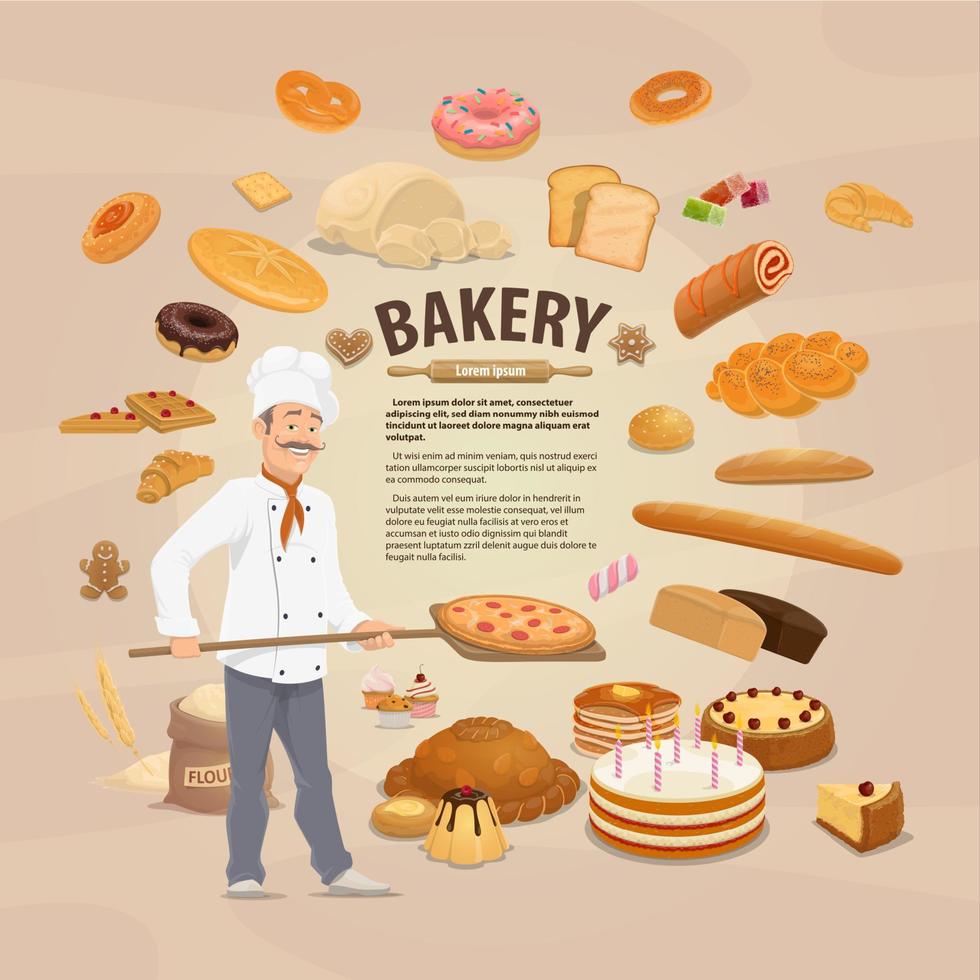 Bakery shop, baked pastry and baker vector