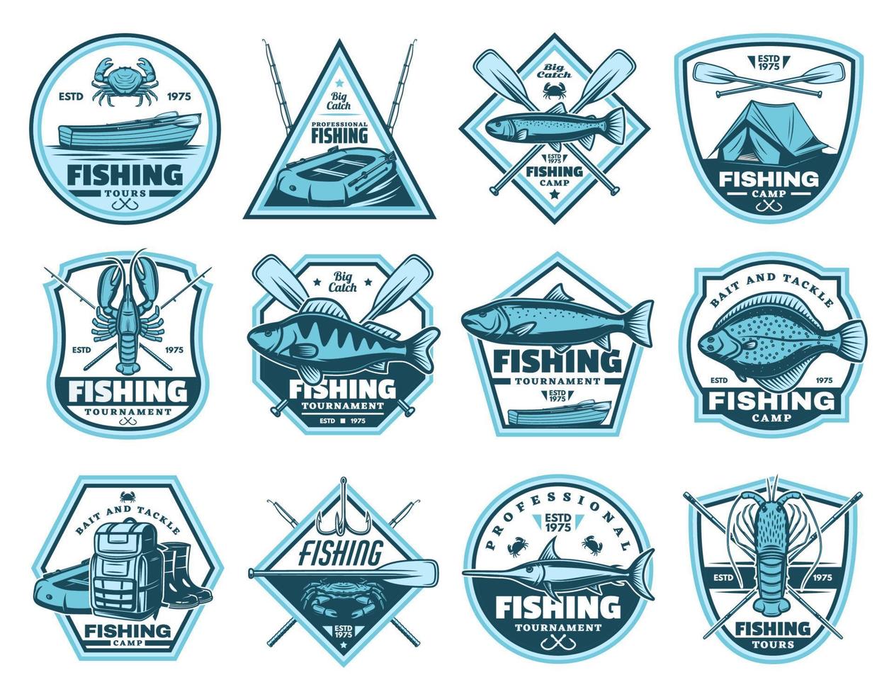 Fishing camp, tournament vector icons