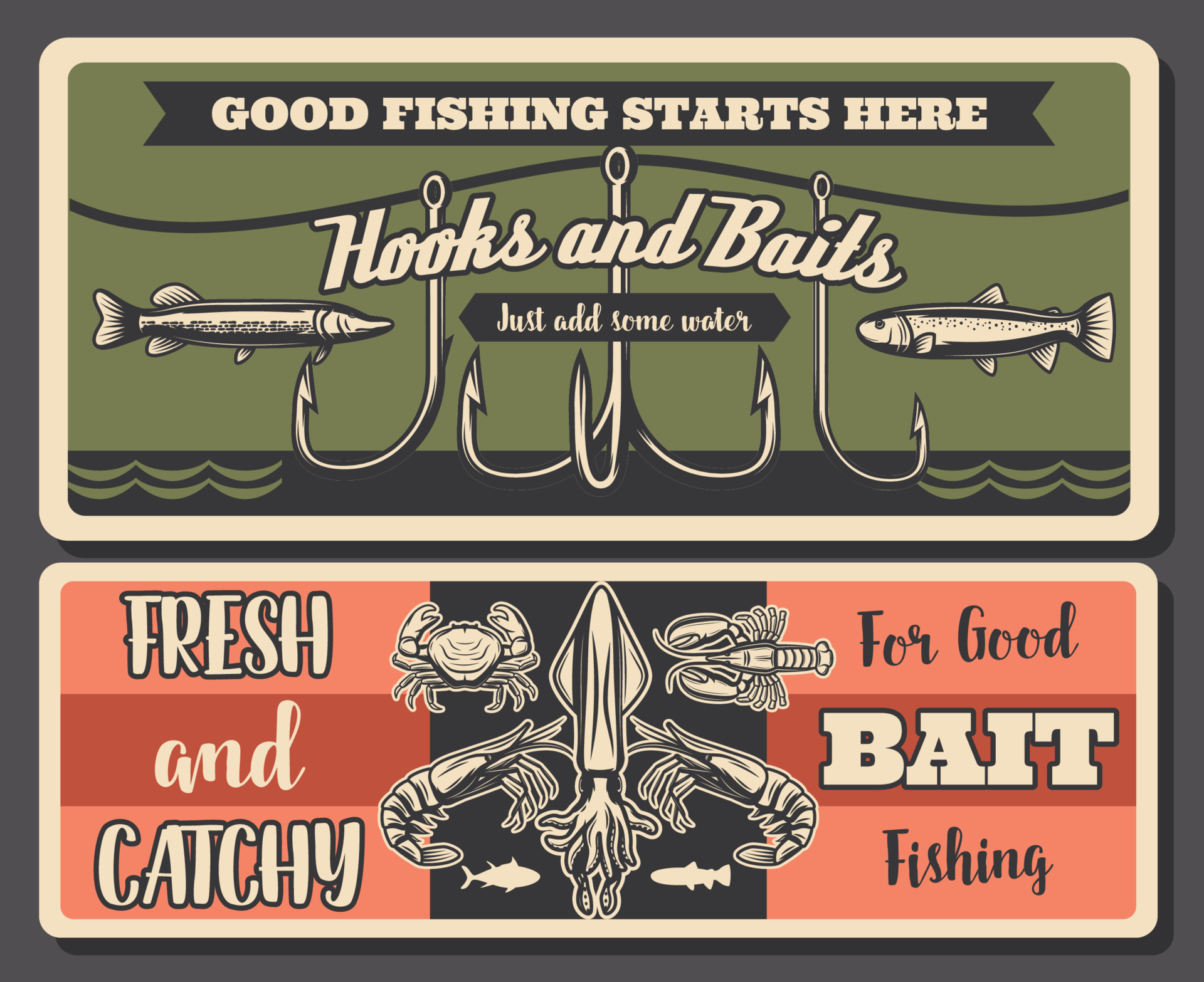 Fishery retro, fishing tools and seafood 16167803 Vector Art at Vecteezy