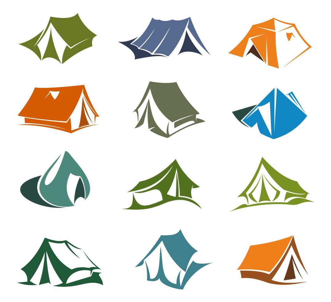 Hiking and camping tents icons vector
