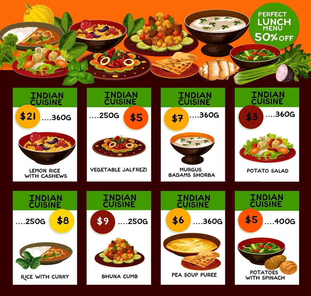 Indian cuisine menu with national dishes vector