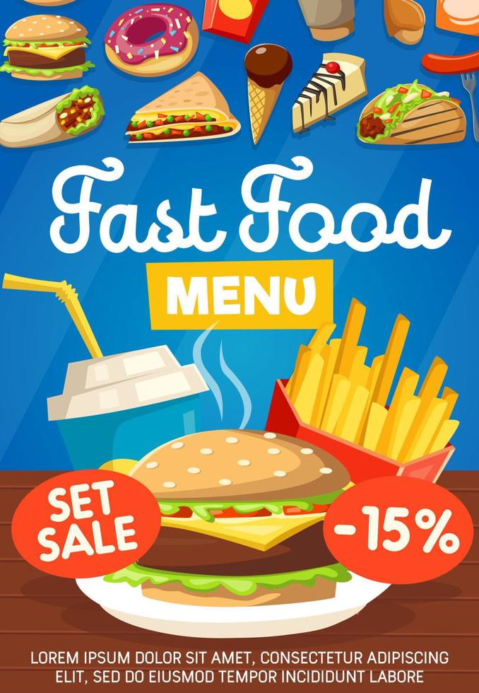 Junkfood snacks fast food menu icons vector poster