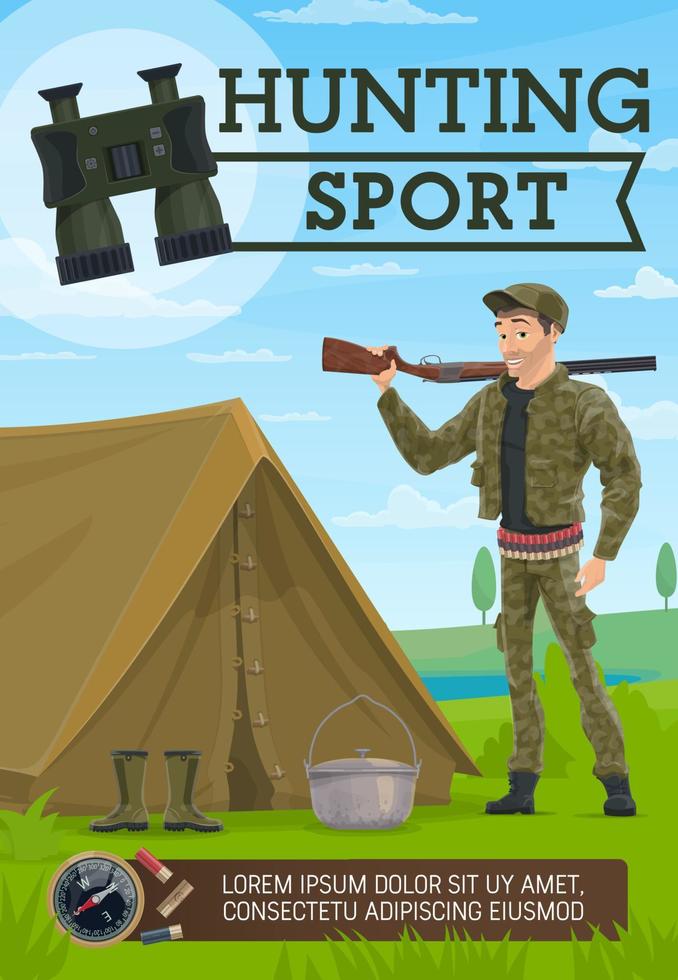 Hunter with rifle and tent, hunting sport vector