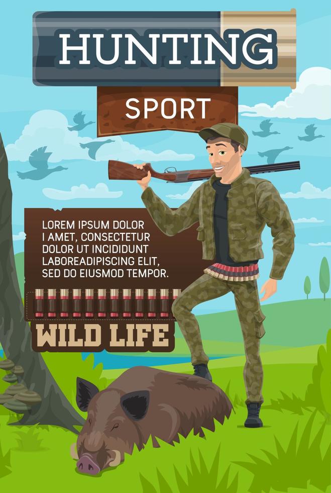 Hunter put leg on boar, hunting club poster vector