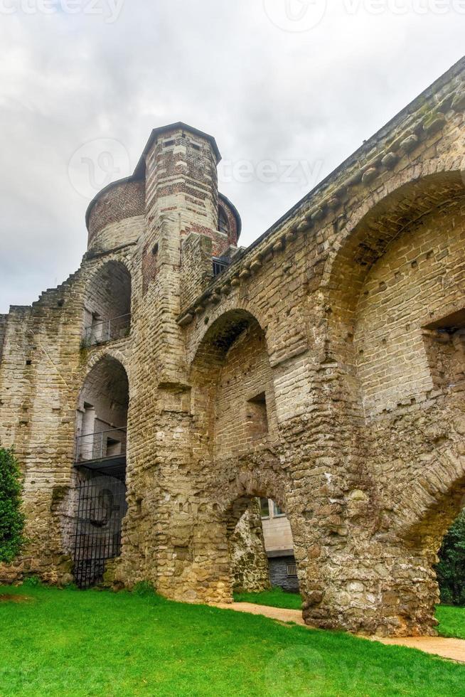 Ruin of the old medieval city wall and Anneessens Tower, Brussels, Belgium photo