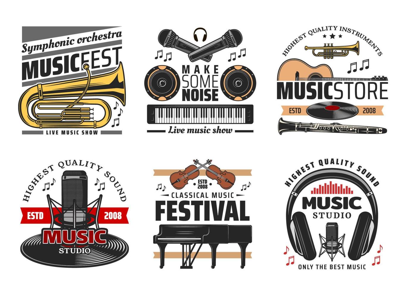 Musical instruments icons, concerts and festival vector