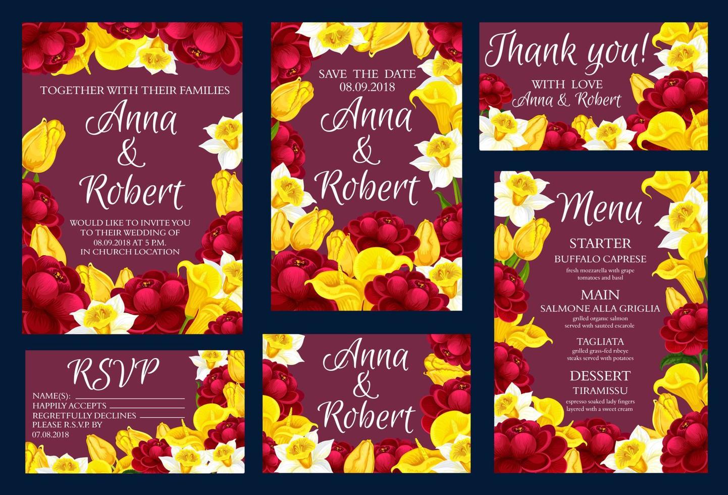 Wedding engagement invitation cards with flowers vector