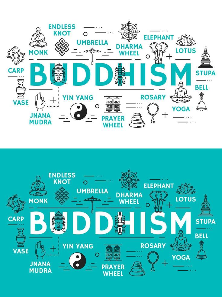 Buddhism religion and items icons vector
