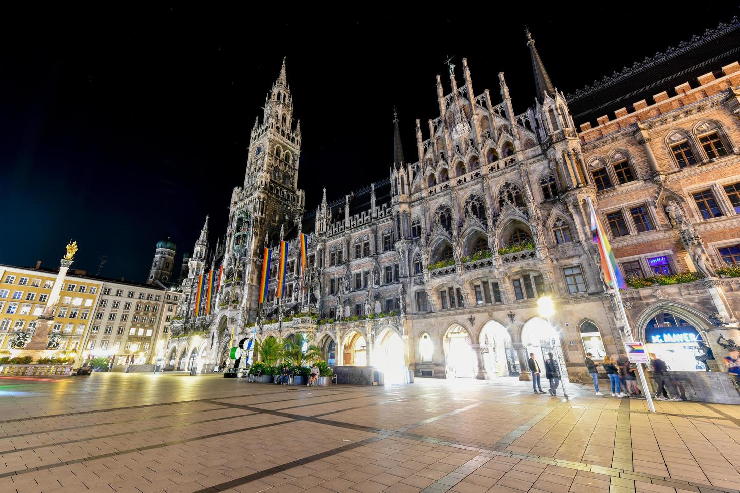 Munich, Germany - July 9, 2021 -  Night panorama of Marienplatz and Munich city hall in Munich, Germany photo