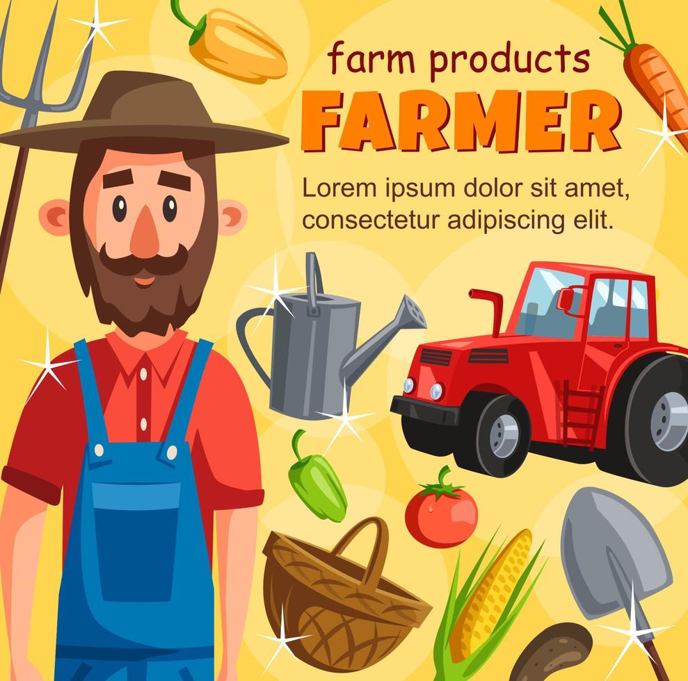 Farmer with tractor and vegetable harvest poster vector