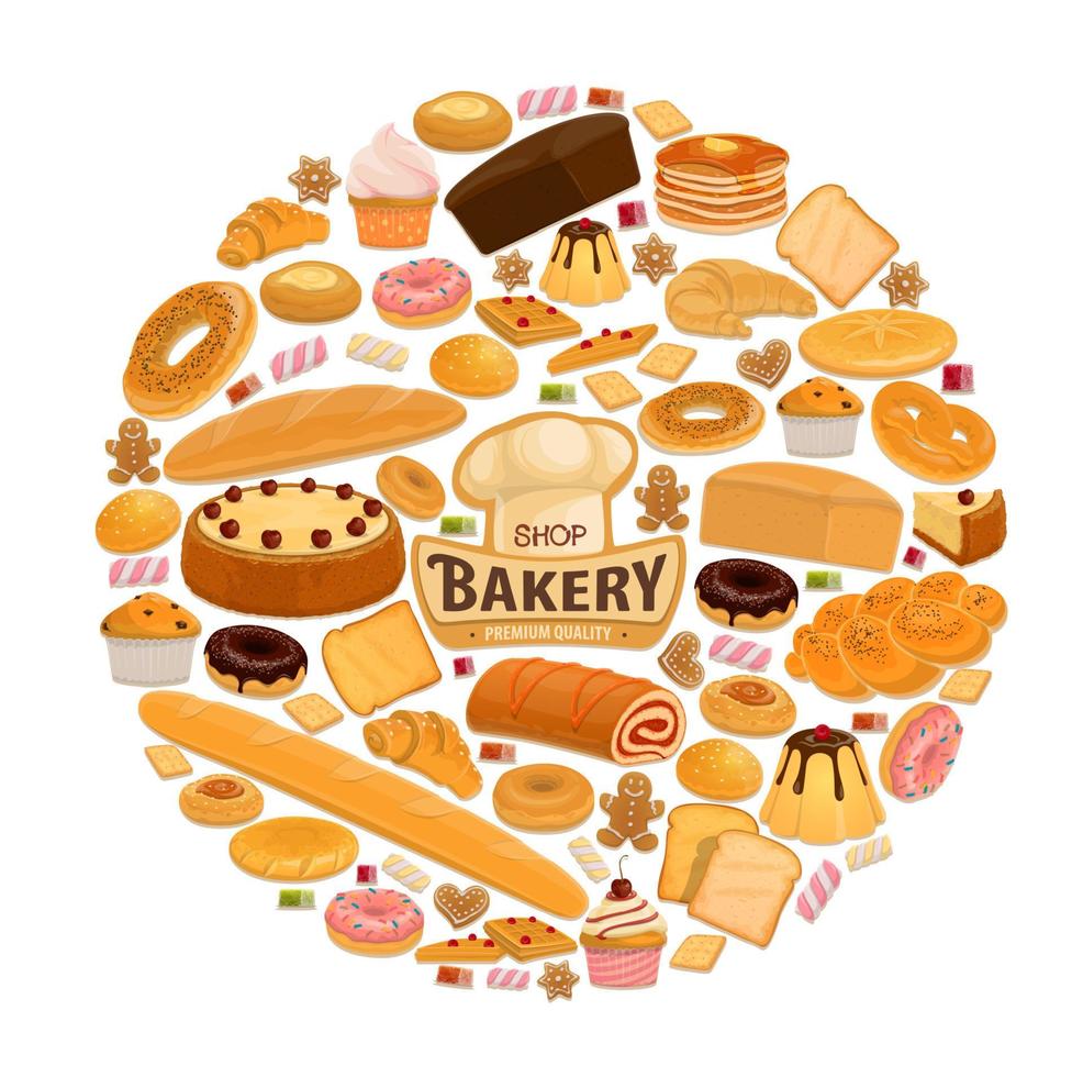 Vector bread and pastry sweets for bakery shop