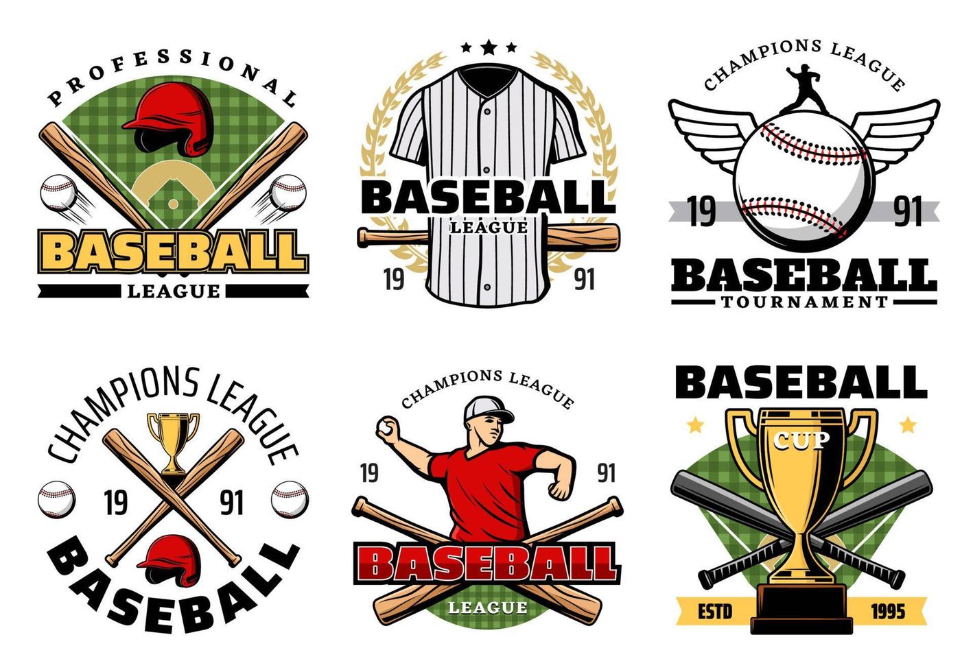 iconos de club de juego de deporte de béisbol con artículos de jugador vector