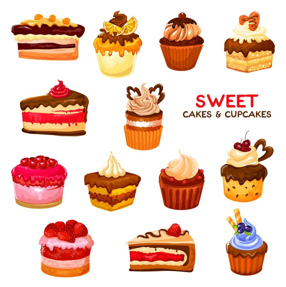 Cake and cupcake desserts with cream and berries vector