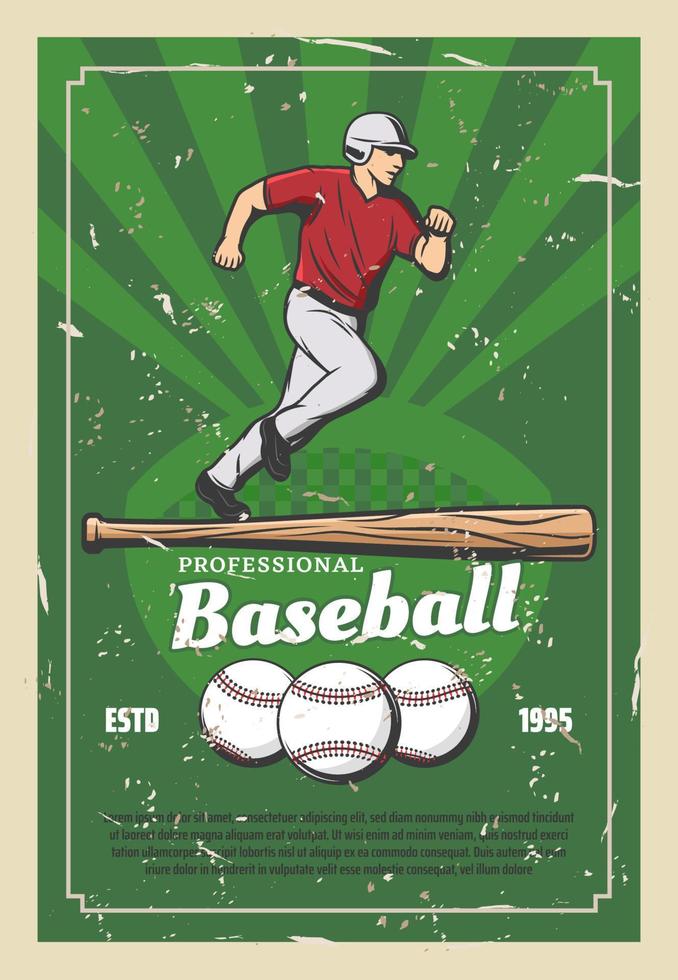 cartel retro de béisbol con artículos deportivos y jugador vector