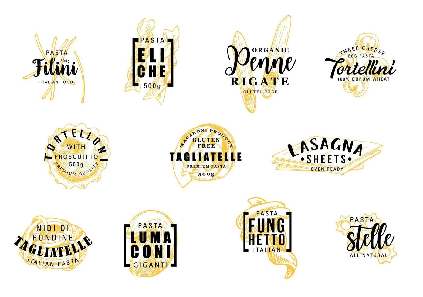 Pasta silhouettes on icons lettering pastry signs vector