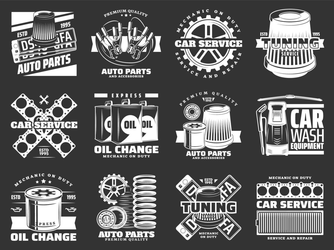 Car service and auto parts monochrome icons vector