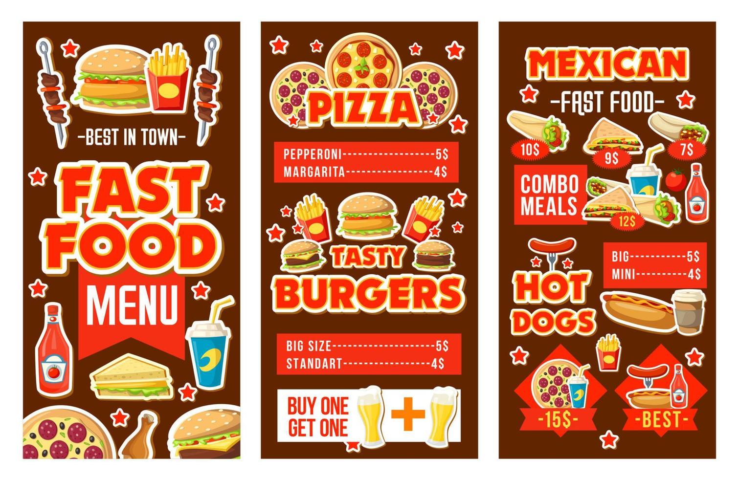 pancartas de comida rápida con comidas, bocadillos y bebidas vector