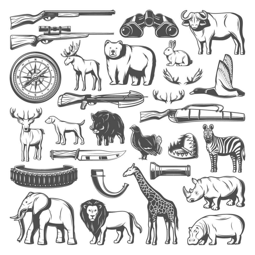 Wild animals and hunting equipment icons, vector