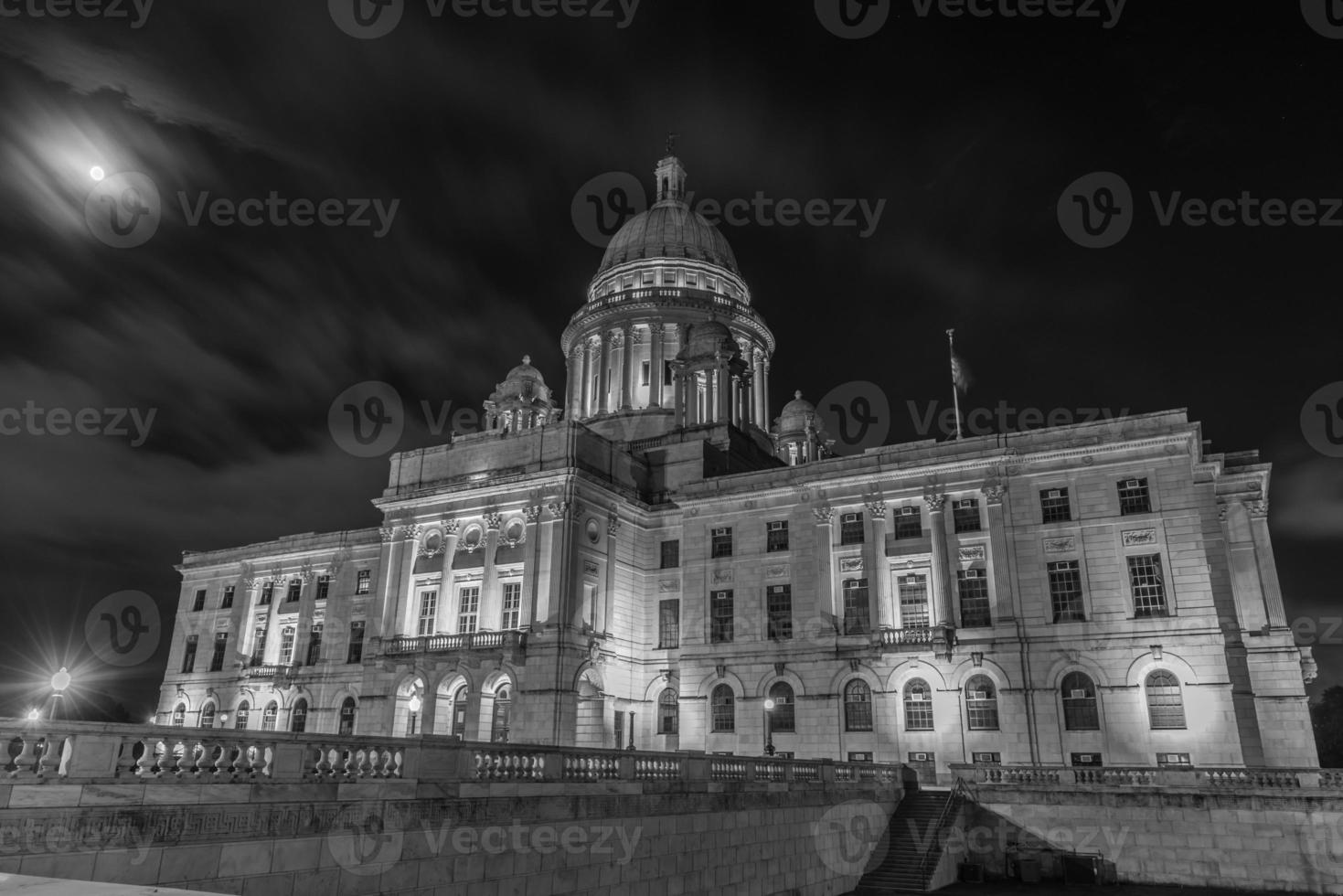 The Rhode Island State House, the capitol of the U.S. state of Rhode Island at night in black and white. photo