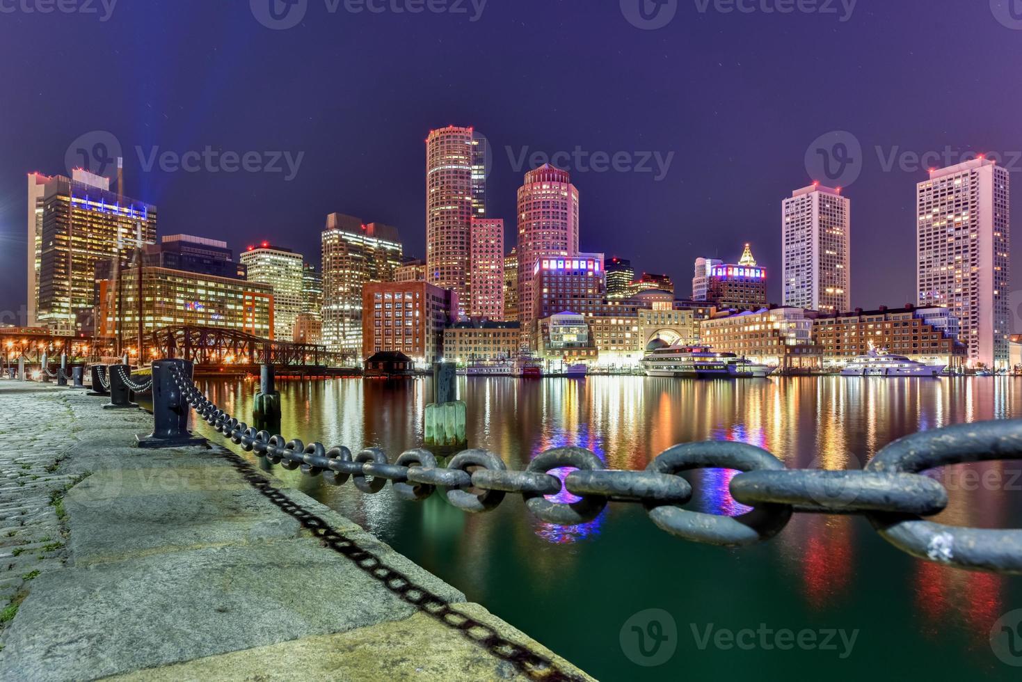 Boston Custom House, Rowes Wharf and Financial District skyline at night, Boston, Massachusetts, USA photo