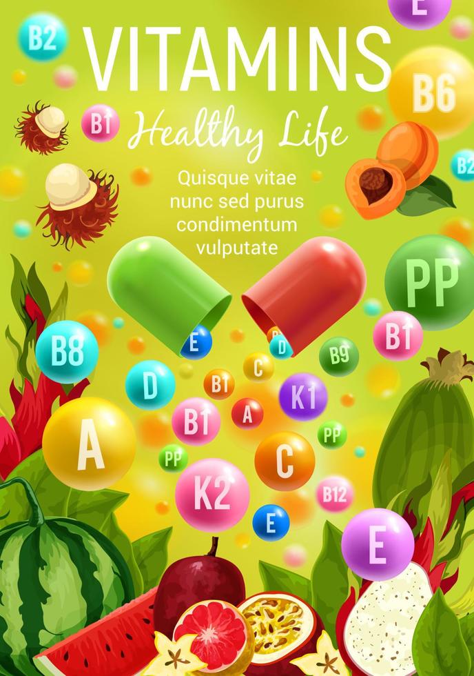 Healthy life vegan food and multivitamins vector