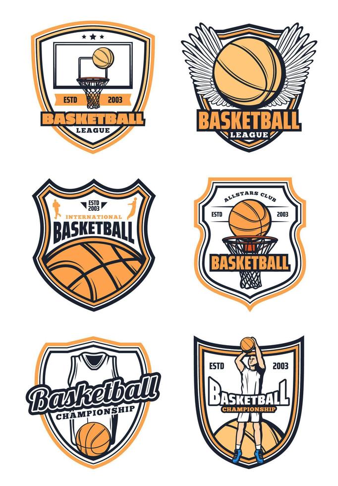 insignias de juego de baloncesto e íconos deportivos vector