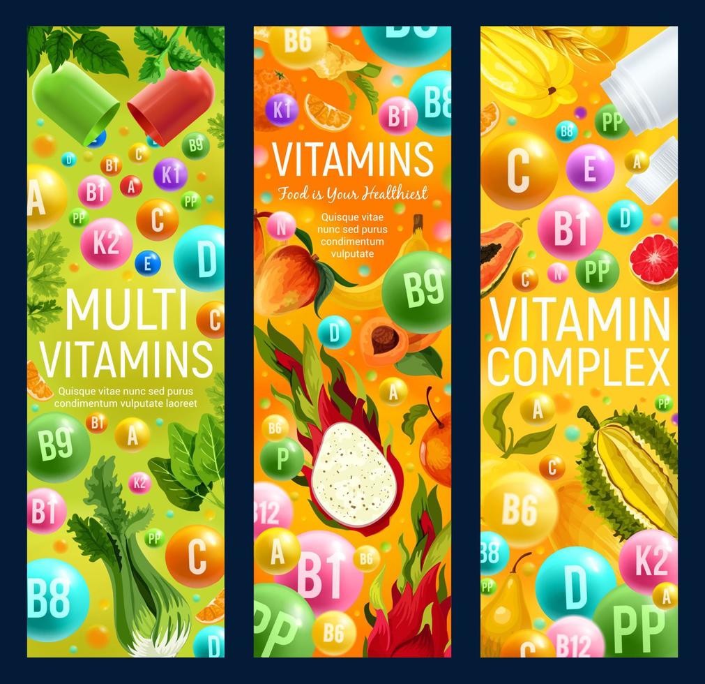 Multivitamins complex in fruits and veggies vector