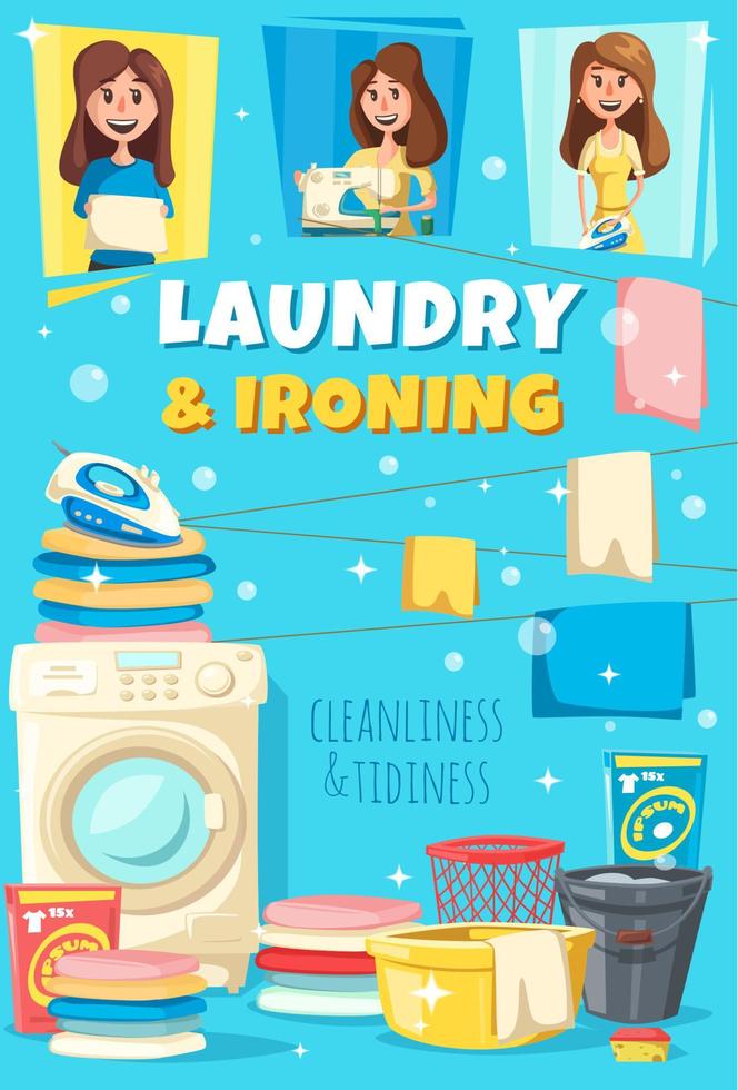 cartel de vector de servicio de lavandería y planchado a domicilio