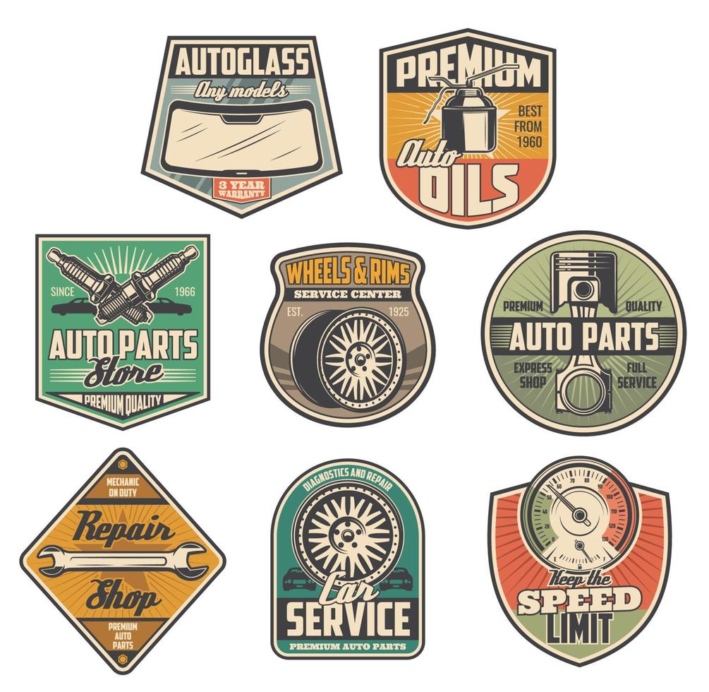 Car service station, spare parts shop icons vector