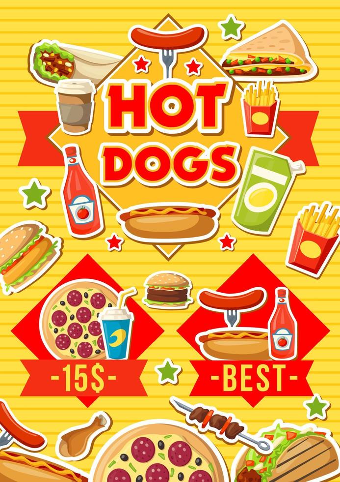Fast food hot dogs, pizza and burgers menu vector