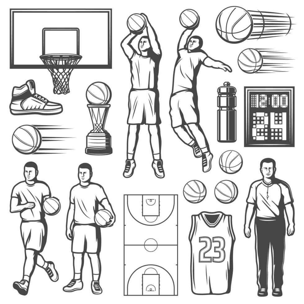 Basketball game players and equipment, vector