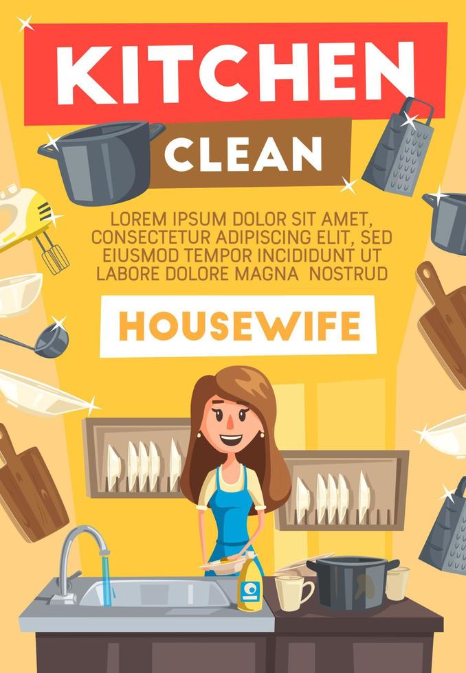 Housewife cleaning kitchen. Cartoon vector