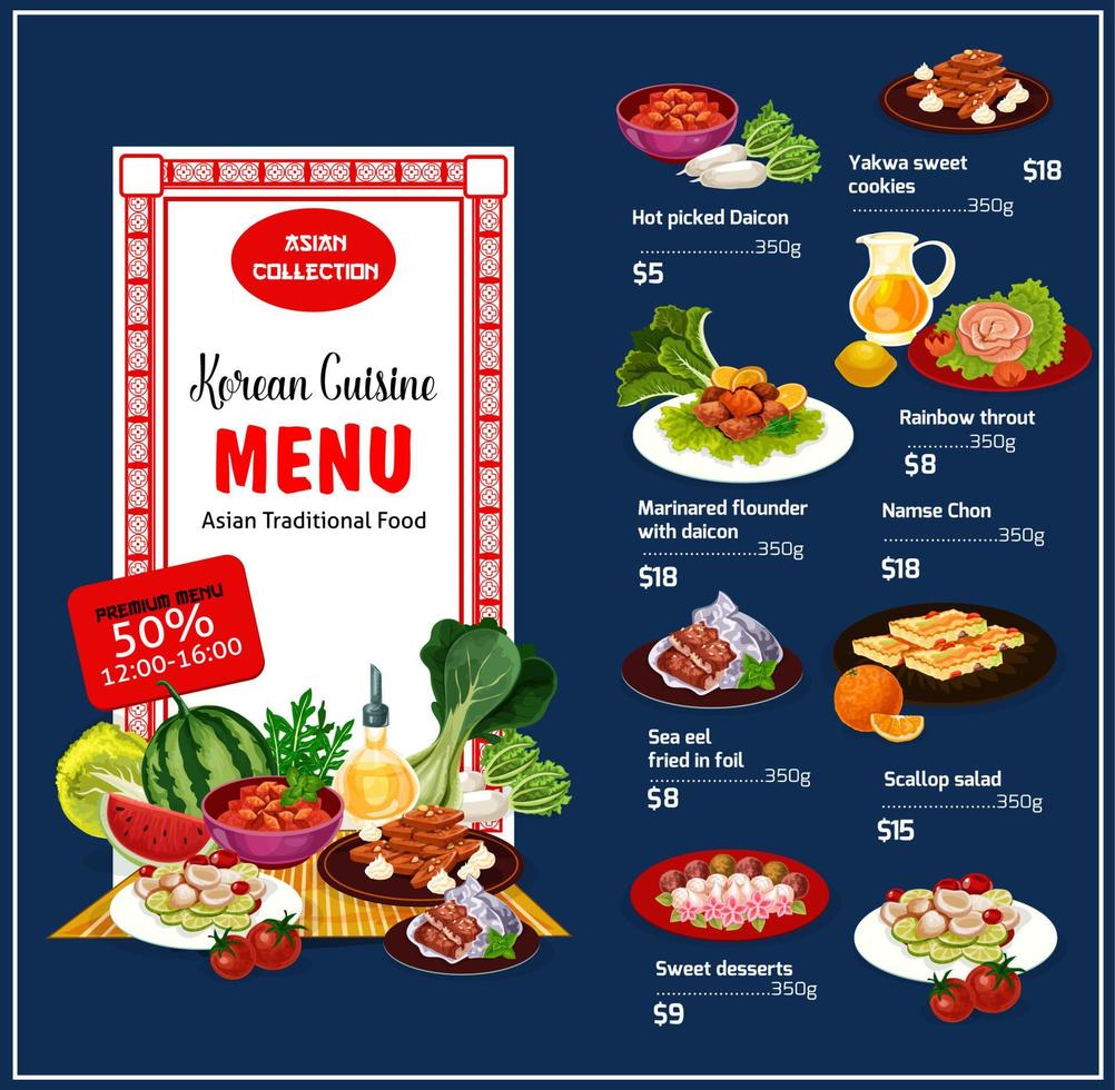 Korean cuisine traditional dishes, vector