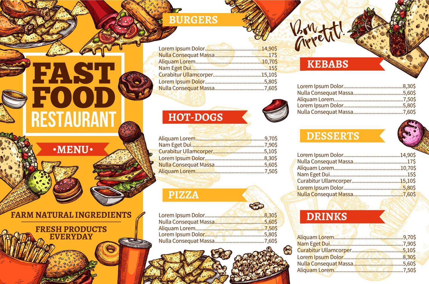 Fast food burgers, hotdog and kebabs menu vector