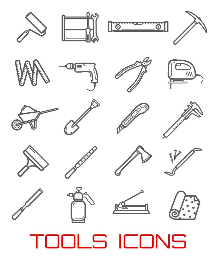 Tools for repairing and building, line art icons vector