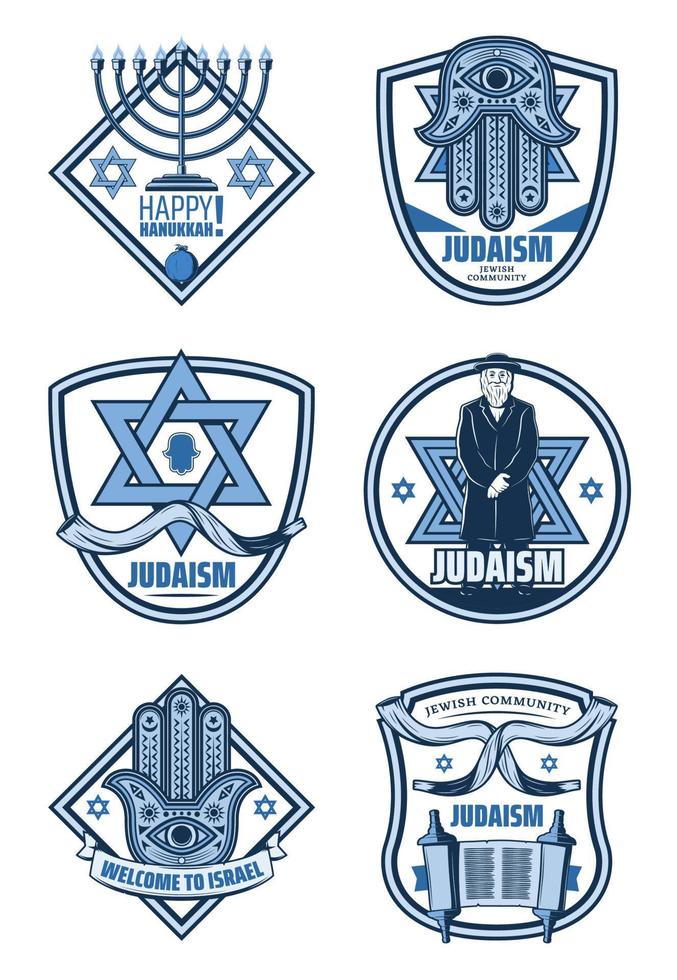 Judaism religion and Hanukkah holiday icons vector